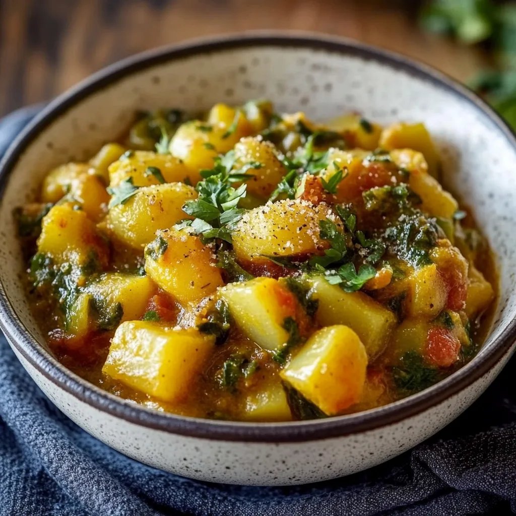 Veganes Kartoffelcurry mit Spinat und Erbsen