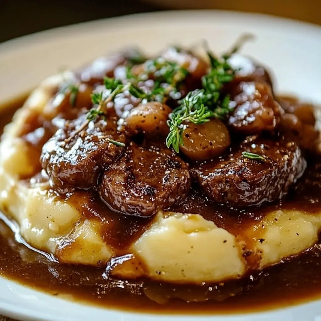 Hackfleisch mit Bratensauce auf cremigem Kartoffelpüree